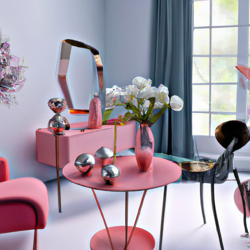 Décoration intérieure moderne avec meubles roses, vase en verre, fleurs, et miroir au style épuré. Ambiance chic et contem...