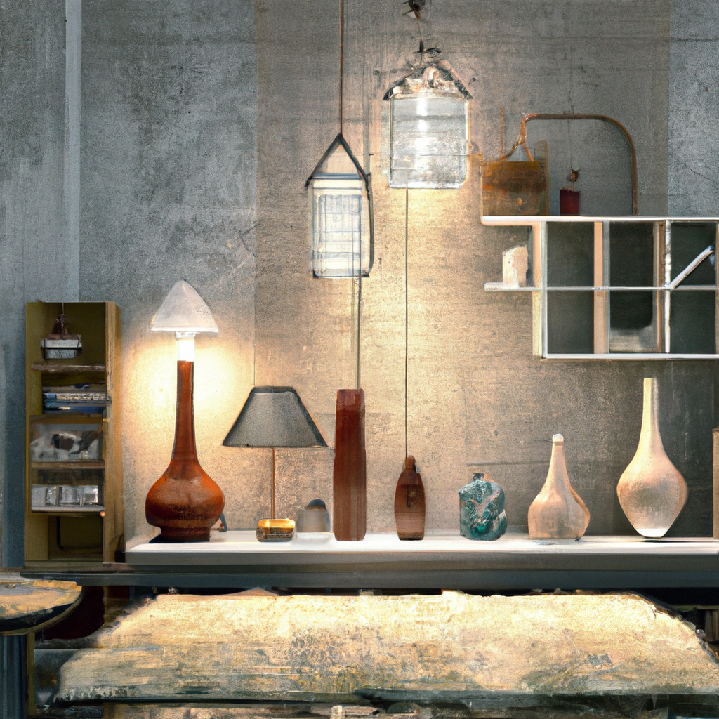 Décor intérieur moderne avec lampes, vases colorés et étagères minimalistes sur fond en béton, ambiance chaleureuse.