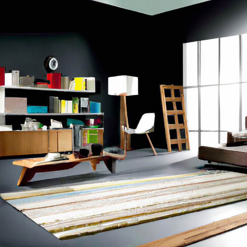 Intérieur moderne avec murs noirs, mobilier en bois, tapis coloré et lumière naturelle. Ambiance contemporaine et élégante.
