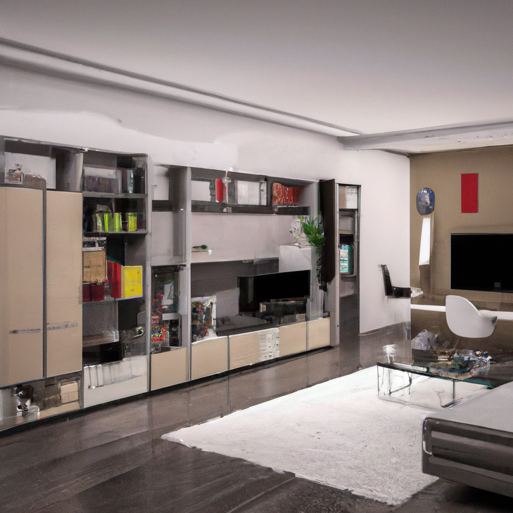 Salon moderne avec murs blancs, meuble TV élégant, tapis blanc, fauteuils contemporains et touches de vert.