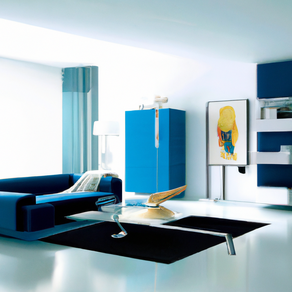 Salon moderne avec canapés bleus, un tapis noir, meuble blanc et une œuvre d'art colorée, ambiance lumineuse et épurée.