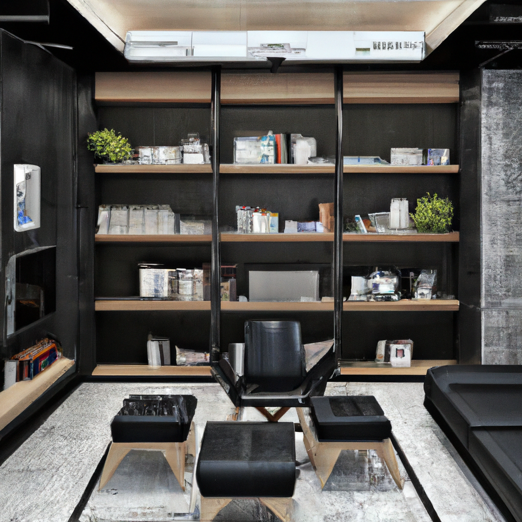 Intérieur moderne avec étagères en bois, fauteuil noir, table de verre et ambiance épurée et minimaliste.