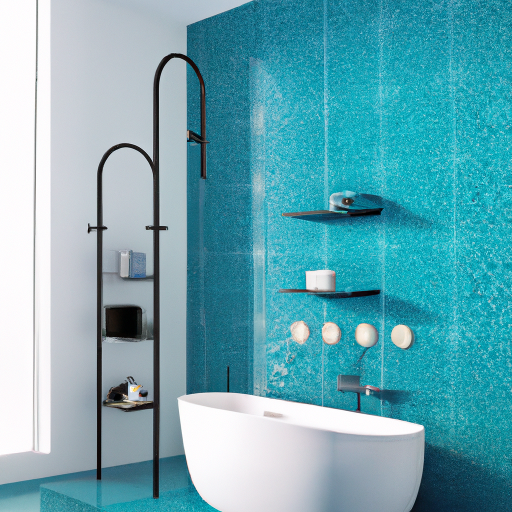 Salle de bain moderne avec baignoire blanche, murs bleu turquoise, étagères noires et douche élégante. Ambiance zen.