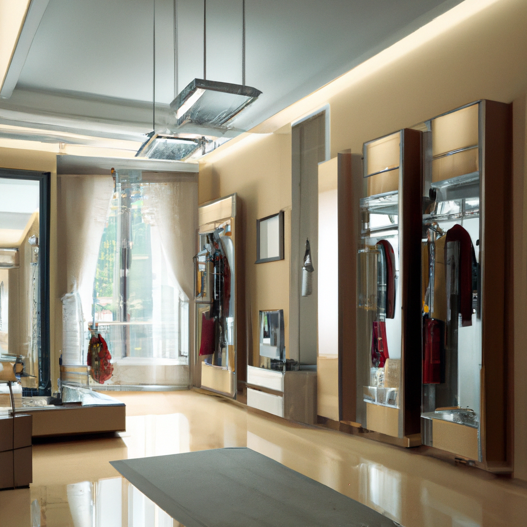 Intérieur moderne avec murs beige, grands miroirs, éclairage doux et un style épuré, ambiance lumineuse et accueillante.