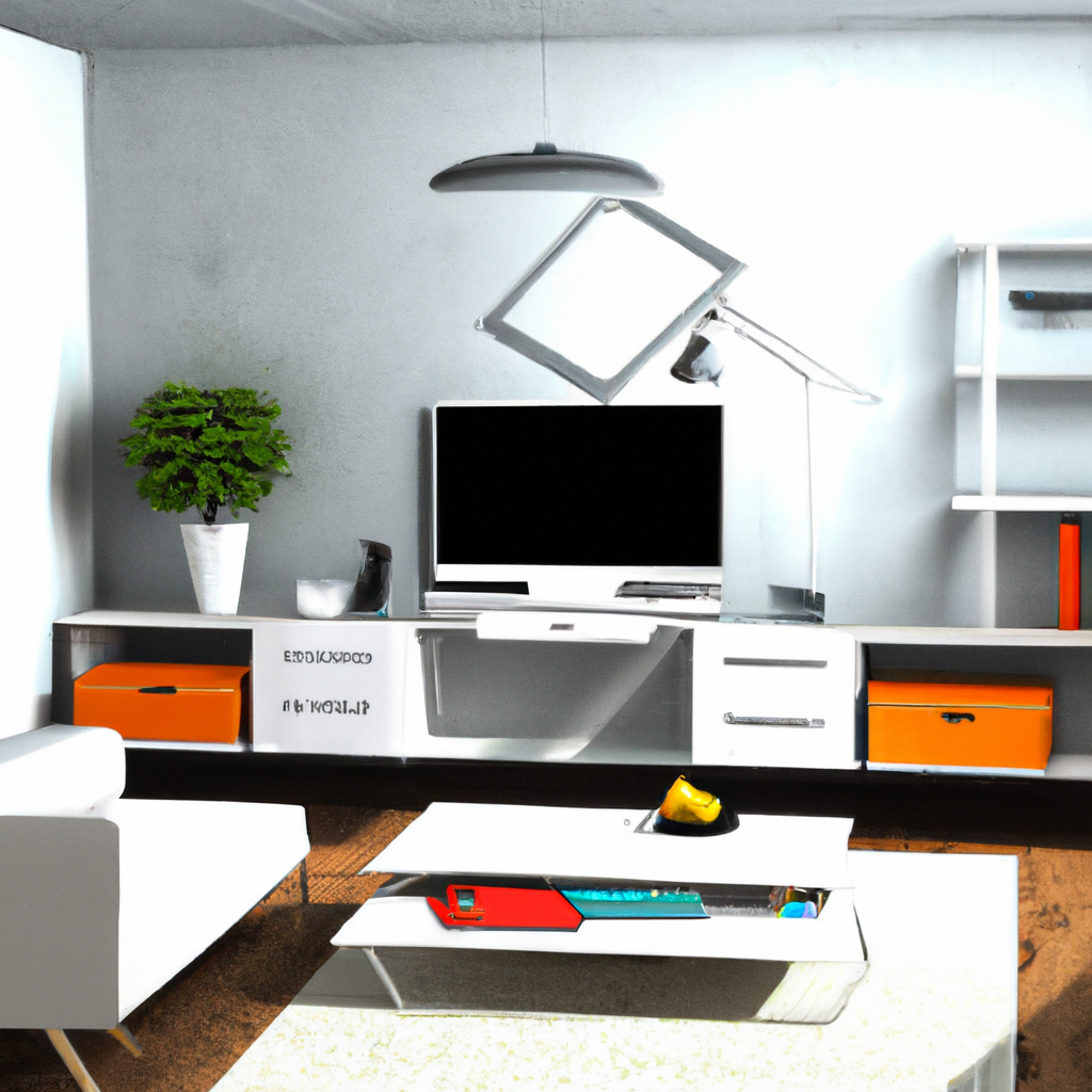 Salon moderne avec meuble TV blanc, accents orange, table basse design et plante verte, ambiance épurée et lumineuse.