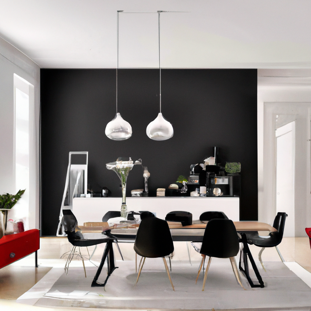 Salle à manger moderne avec table en bois, chaises noires, murs noirs, luminaires suspendus, ambiance chic et élégante.