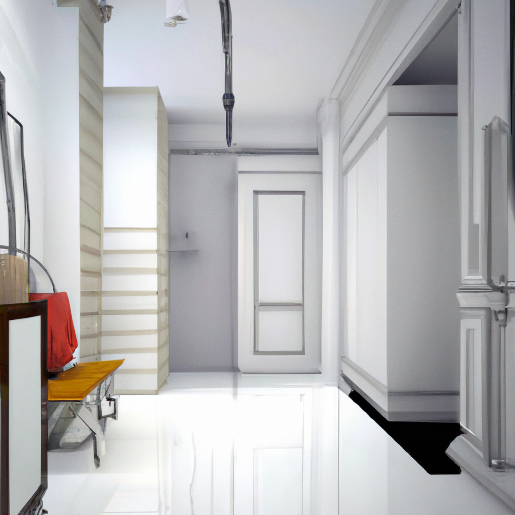 Cuisine moderne épurée, murs blancs, meubles en bois clair, ambiance lumineuse et minimaliste.