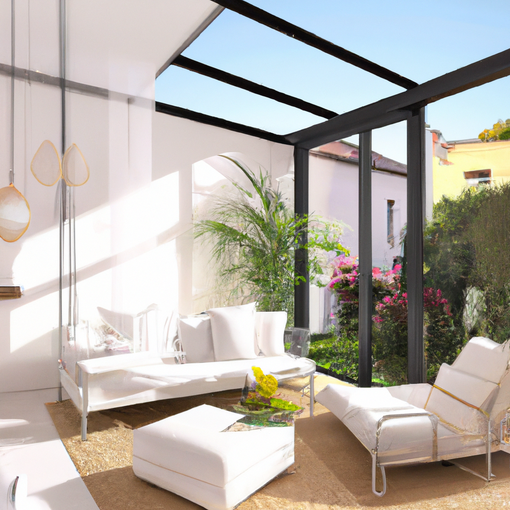 Intérieur lumineux avec canapés blancs, chaise longue moderne et baies vitrées, ambiance paisible et végétation luxuriante.