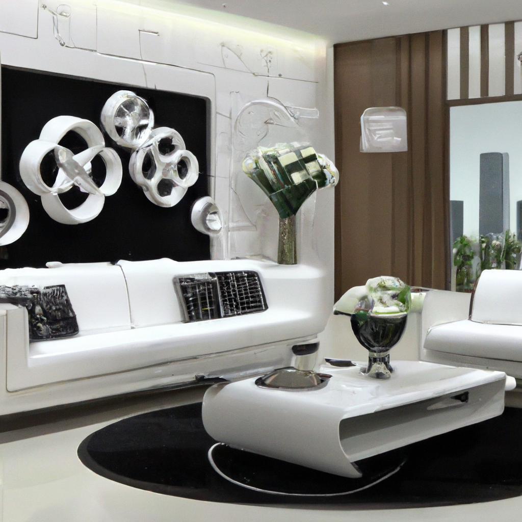 Salon moderne avec canapé blanc, table basse chic, œuvres murales artistiques et ambiance épurée et lumineuse.