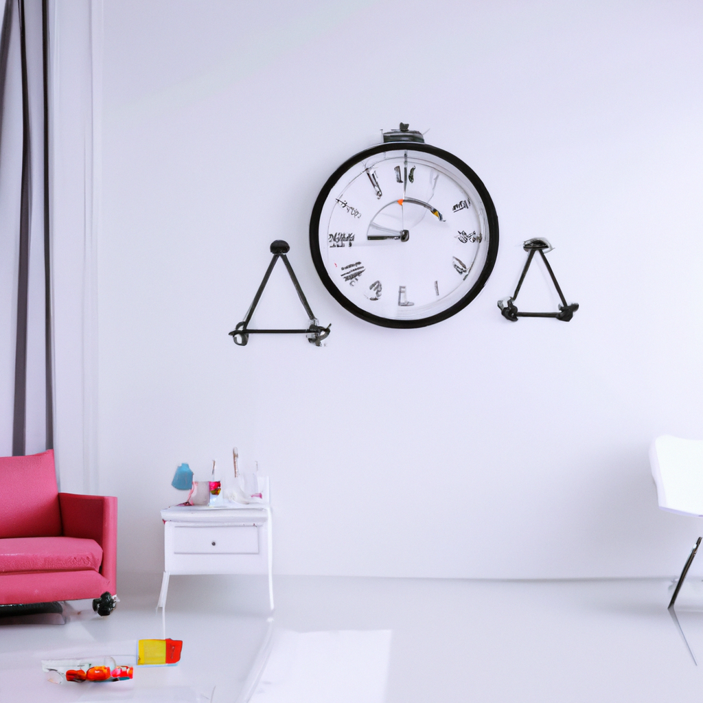 Décoration moderne avec un mur blanc, un grand horloge design, canapé rose, tables blanches, ambiance minimaliste et colorée.