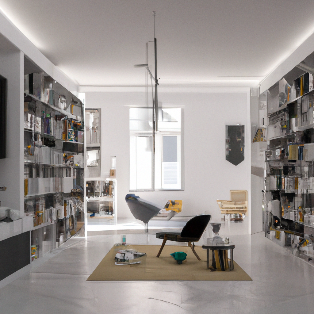 Intérieur moderne minimaliste avec murs blancs, canapé gris, étagères transparentes et décoration épurée, ambiance lumineuse.