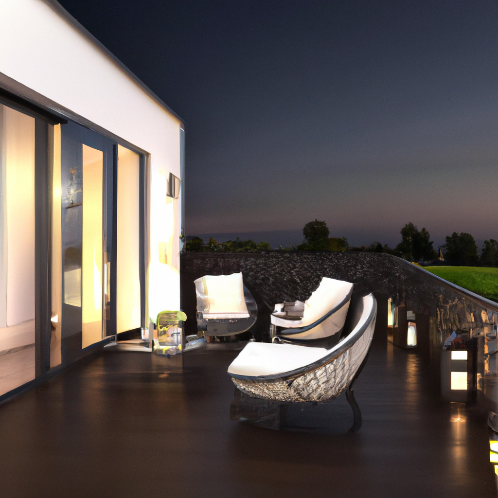 Terrasse moderne au crépuscule avec fauteuils blancs, lanternes et vue panoramique. Ambiance chic et relaxante.