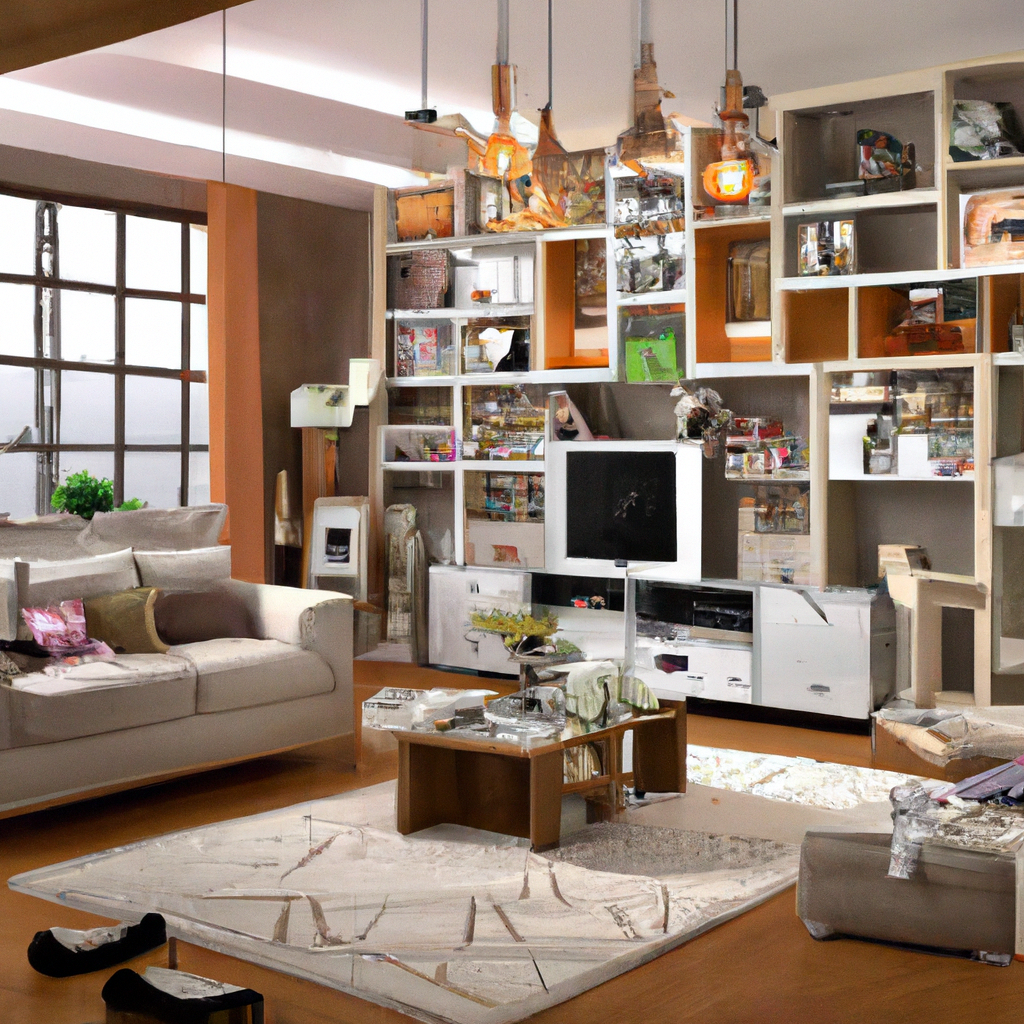 Salon moderne avec canapé gris, étagères en bois éclairées, table basse en bois, touches de vert et ambiance chaleureuse.