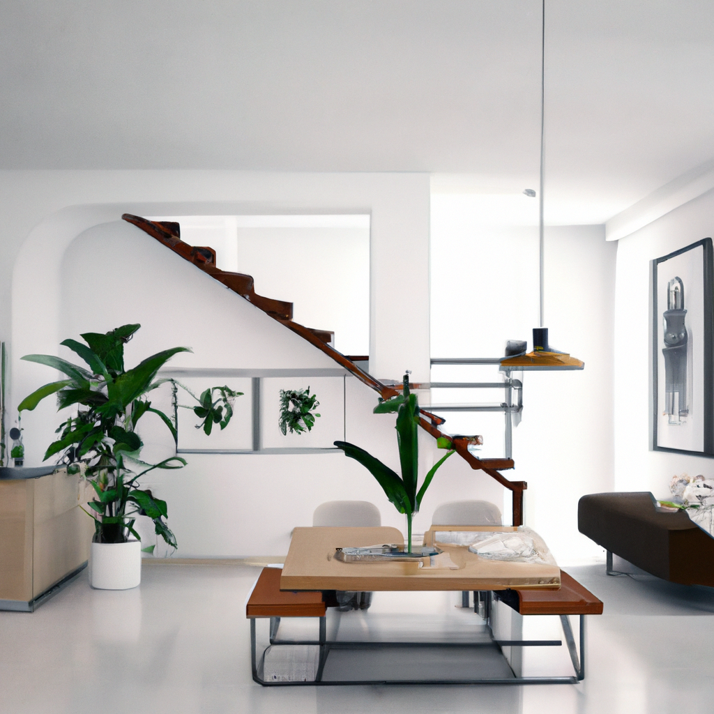 Intérieur moderne avec escalier en bois, table en métal et bois, plantes vertes, style épuré et ambiance lumineuse.