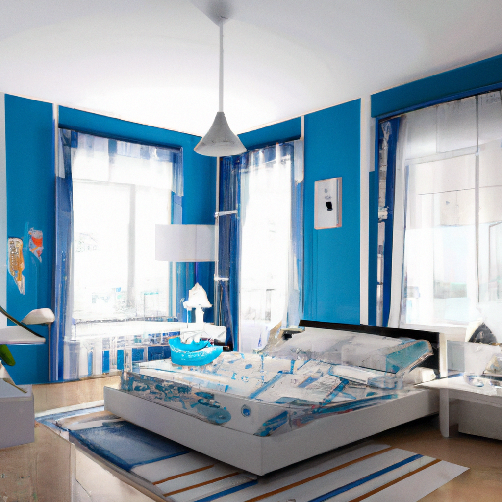 Chambre moderne aux murs bleus, lit blanc, luminaires design, ambiance lumineuse et aérée.