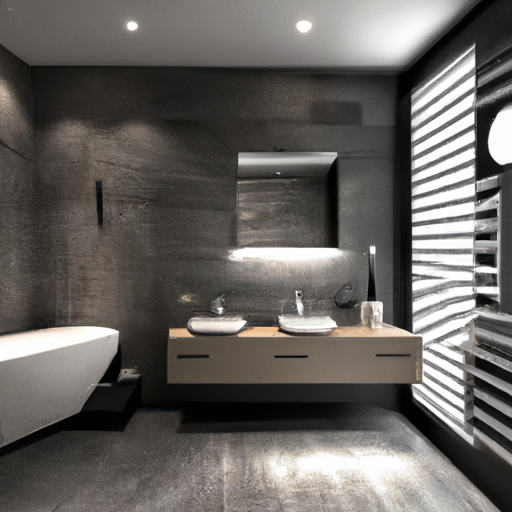 Salle de bain moderne avec murs gris, meuble en bois clair, vasques élégantes et éclairage doux. Ambiance minimaliste.