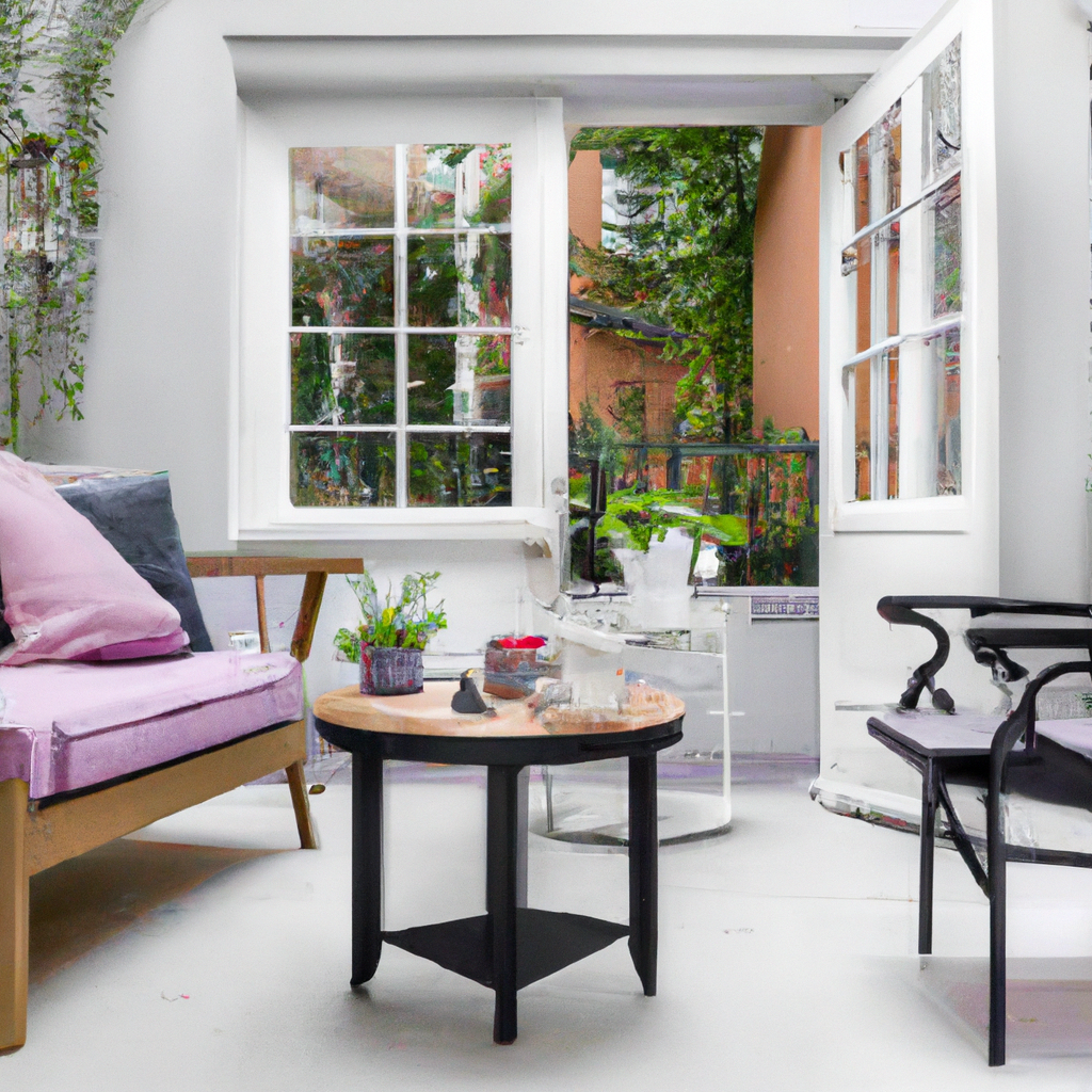 Salon lumineux avec canapé pastel, table noire moderne, lumière naturelle et verdure extérieure. Ambiance apaisante et con...