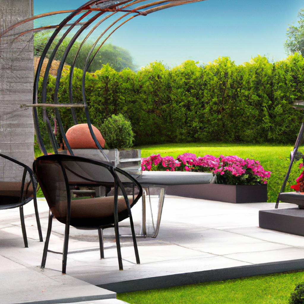 Espace extérieur moderne avec chaises transparentes, sofa minimaliste et plantes fleuries, ambiance élégante et accueillante.