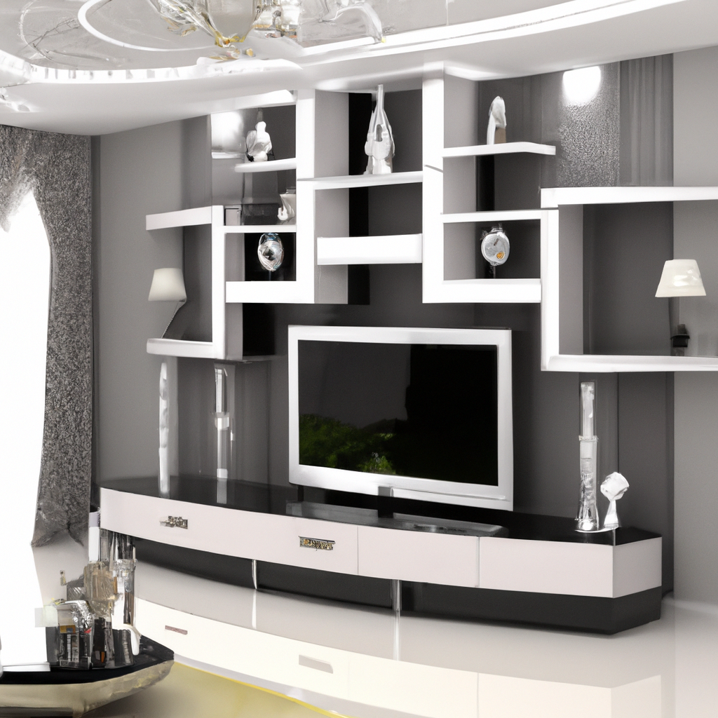 Décoration intérieure moderne avec un meuble TV noir et blanc, étagères géométriques, ambiance élégante et raffinée.