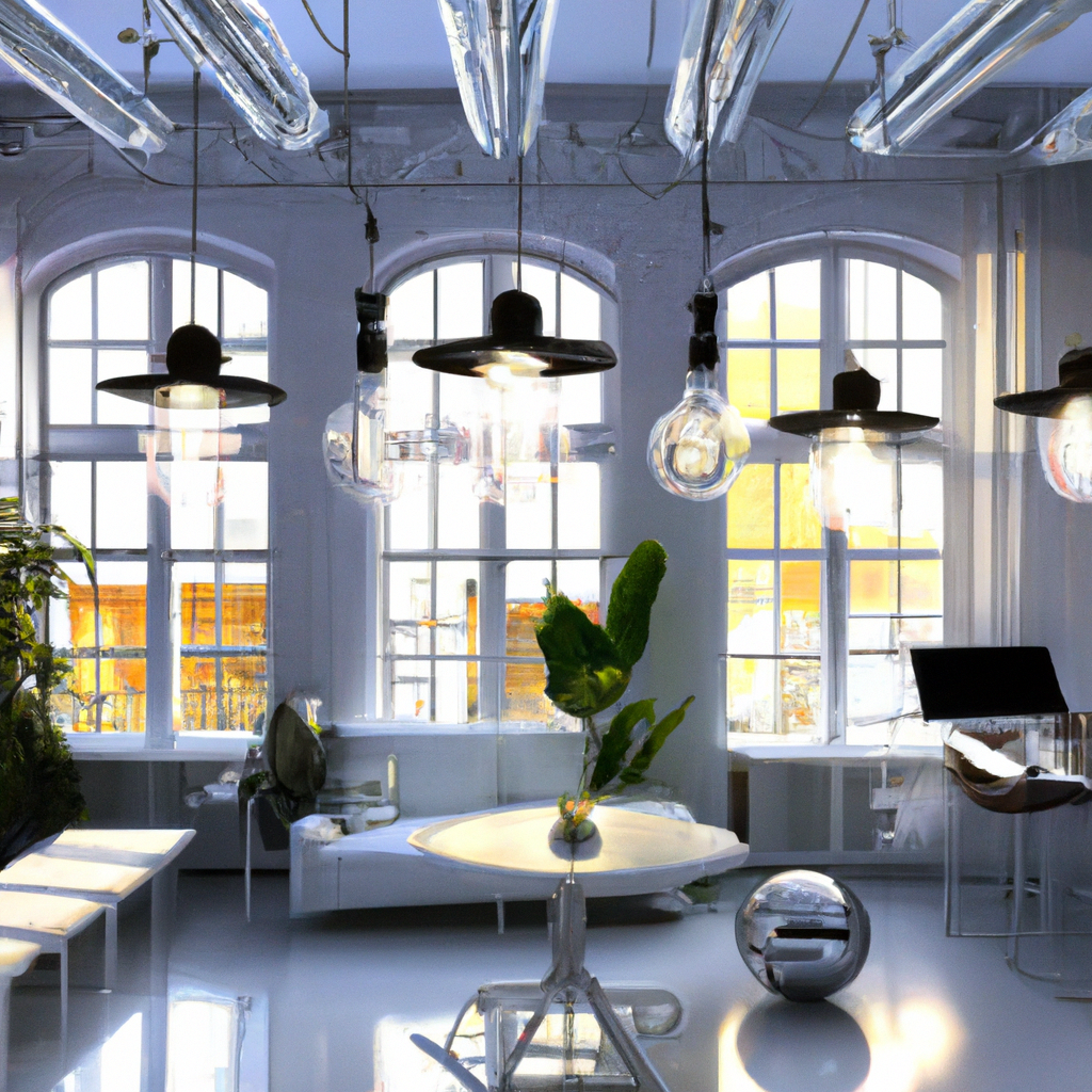 Intérieur moderne avec murs blancs, mobilier épuré, éclairage suspendu, plantes vertes et ambiance lumineuse.