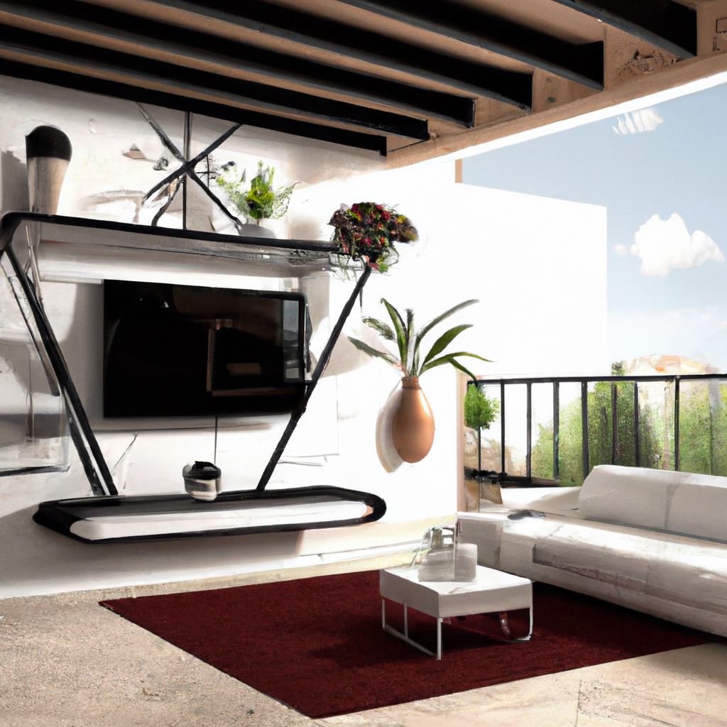 Salon moderne avec mur en béton, canapé blanc, étagère noire stylée, plantes vertes, et tapis rouge. Ambiance minimaliste ...