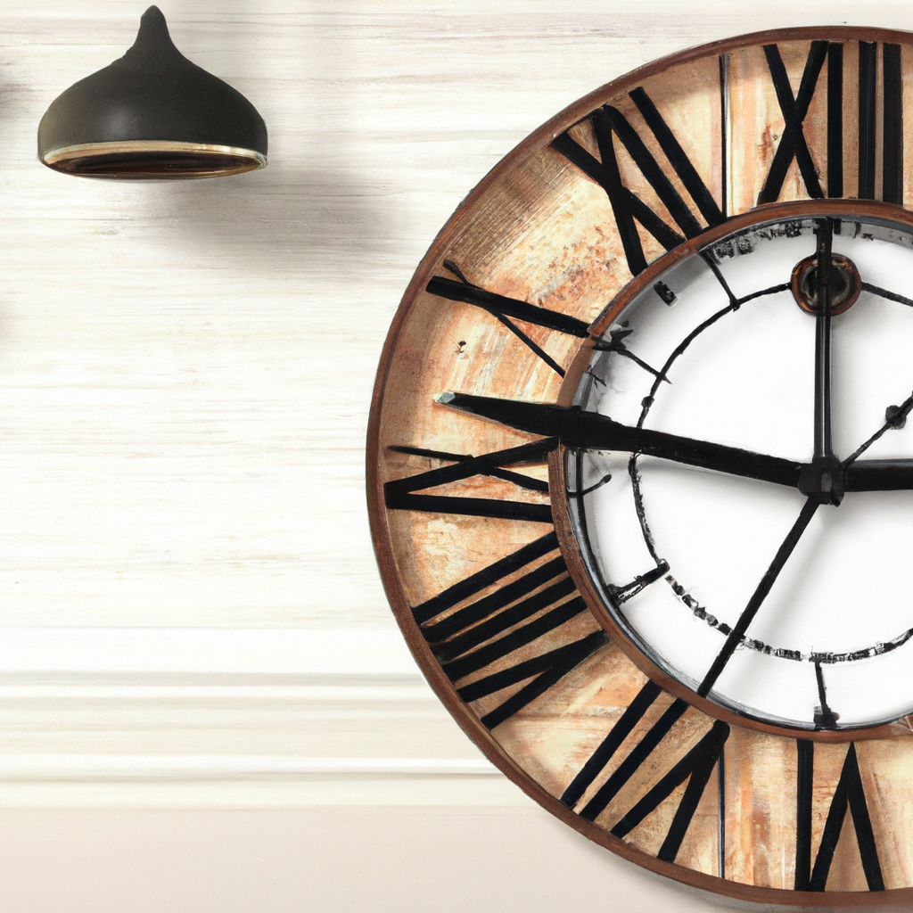 Horloge murale vintage en bois, chiffres romains, ambiance chaleureuse avec luminaire noir au plafond.