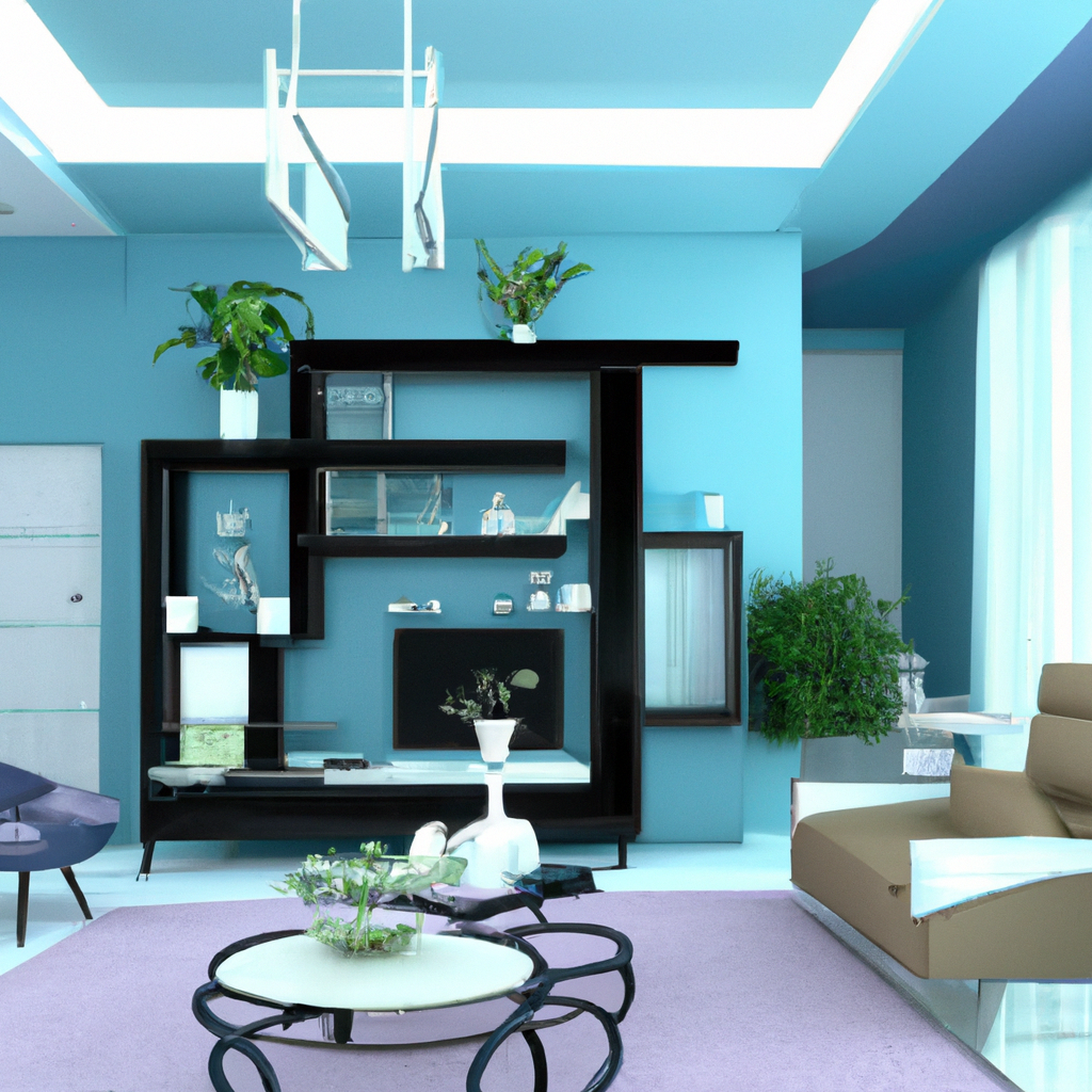 Salon moderne avec mur bleu, meubles noirs et beige, plantes vertes, et un tapis lavender pour une ambiance apaisante.