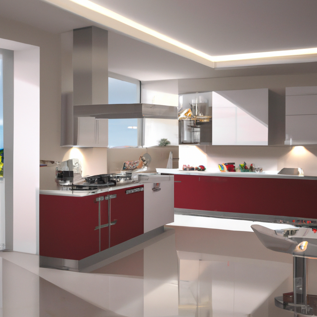 Cuisine moderne aux accents rouges et blancs, avec des meubles élégants et des surfaces miroitantes, ambiance contemporaine.