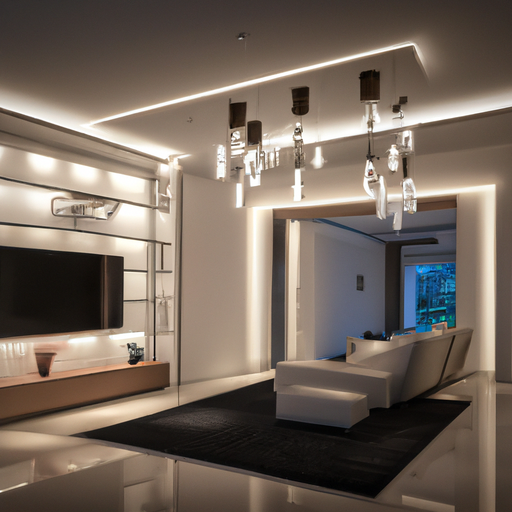 Intérieur moderne lumineux avec canapé blanc, éclairage suspendu, murs clairs et ambiance minimaliste élégante.