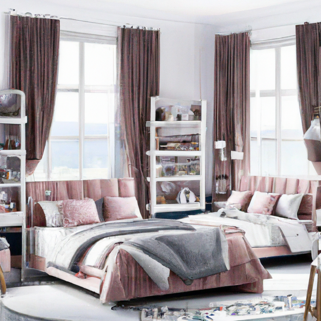 Chambre moderne aux teintes roses, lit rembourré, rideaux élégants, mobilier minimaliste et ambiance douce et apaisante.