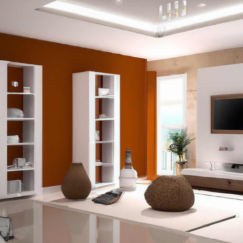 Salon moderne avec murs orangés, meubles blancs, objets décoratifs en terre cuite, et ambiance lumineuse et élégante.