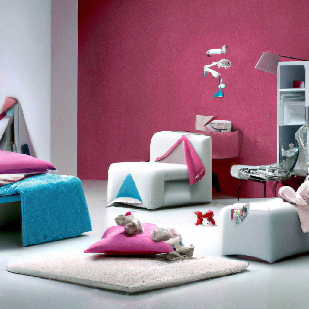 Intérieur moderne aux murs rose vif, mobilier blanc, coussins colorés, ambiance ludique et chaleureuse.