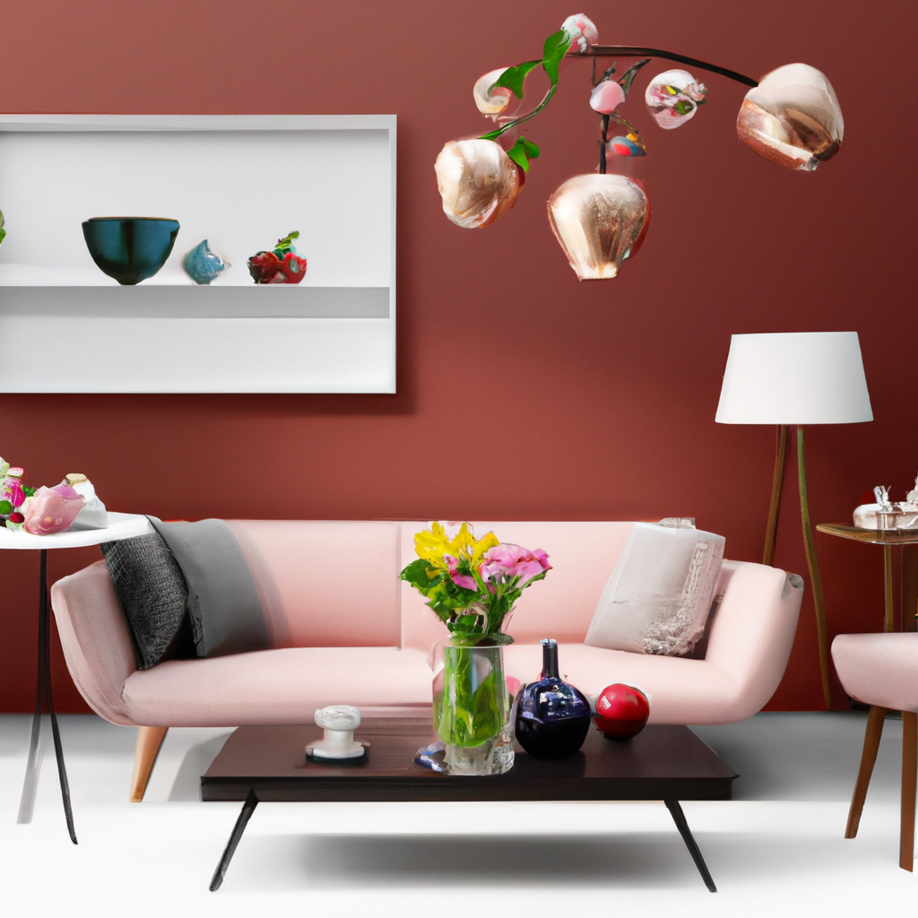 Décor moderne avec canapé rose, lampes dorées, vase de fleurs colorées et étagères minimalistes sur mur bordeaux.