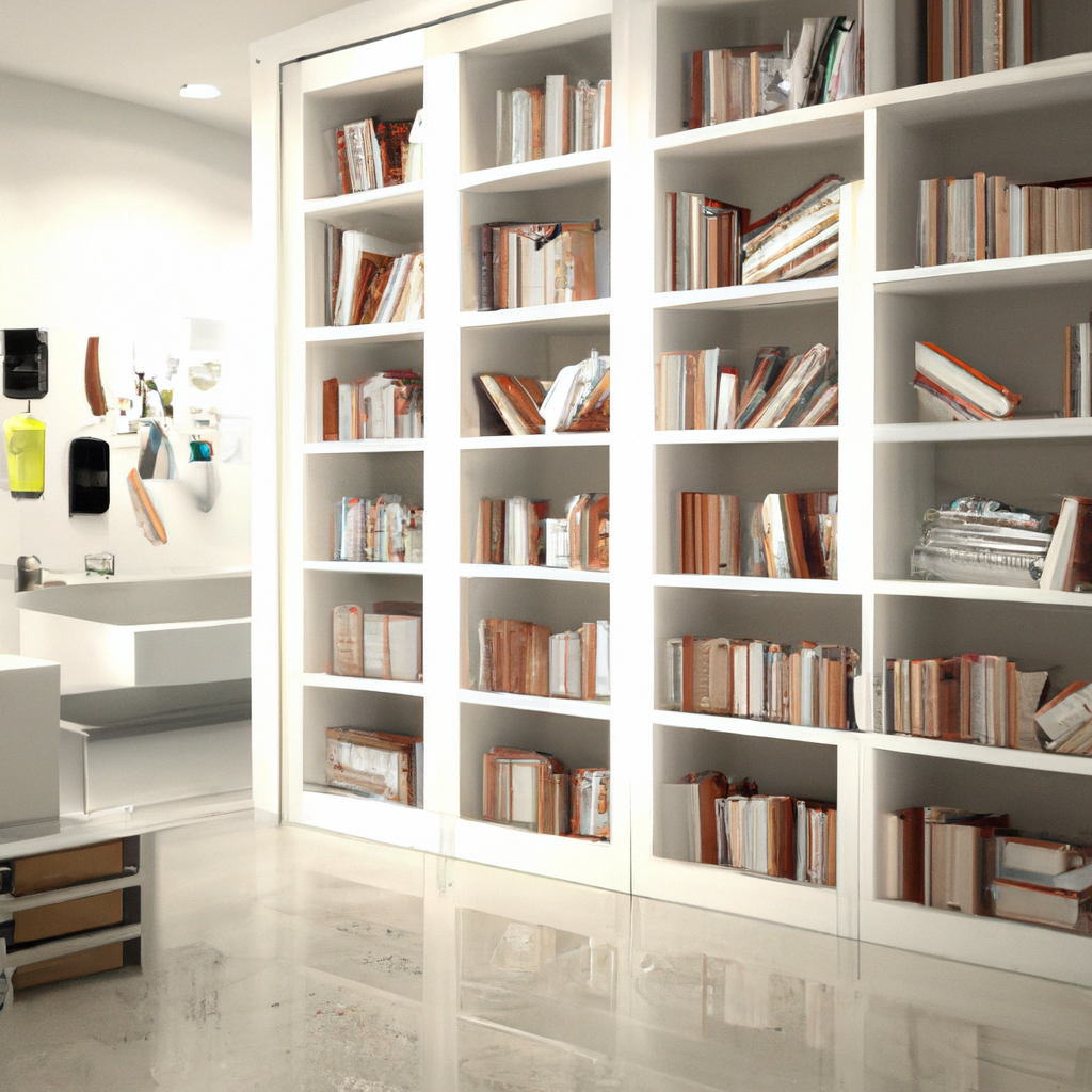 Bibliothèque moderne blanche avec livres aux couvertures couleurs vives, ambiance épurée et contemporaine.