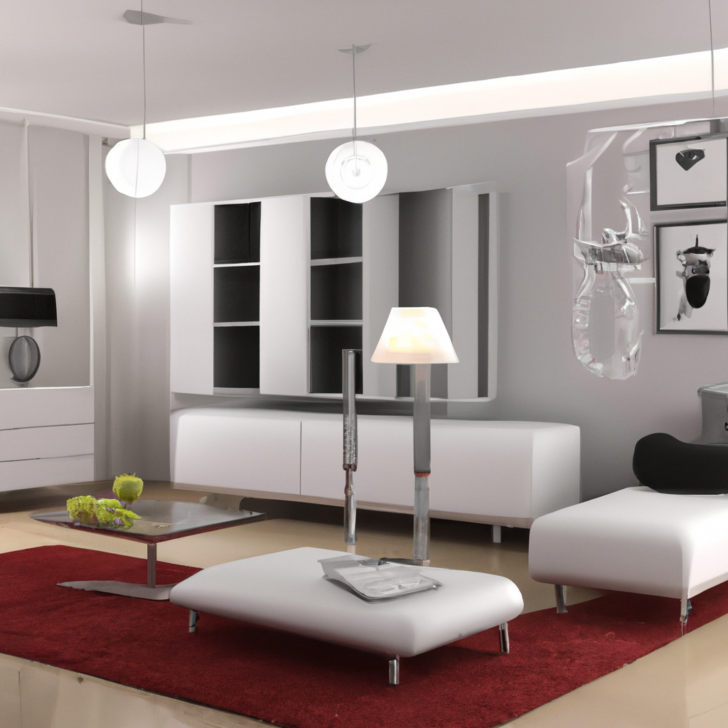 Intérieur moderne avec canapé blanc, meuble TV noir et blanc, tapis rouge, lampes suspendues, et décor épuré.