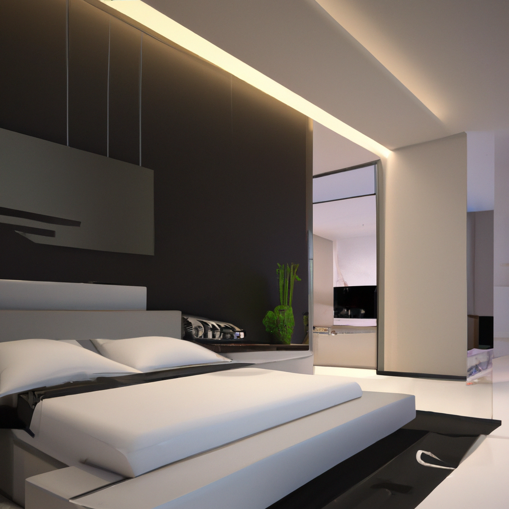 Chambre moderne avec lit minimaliste, murs sombres, éclairage doux et décoration épurée, créant une ambiance zen.