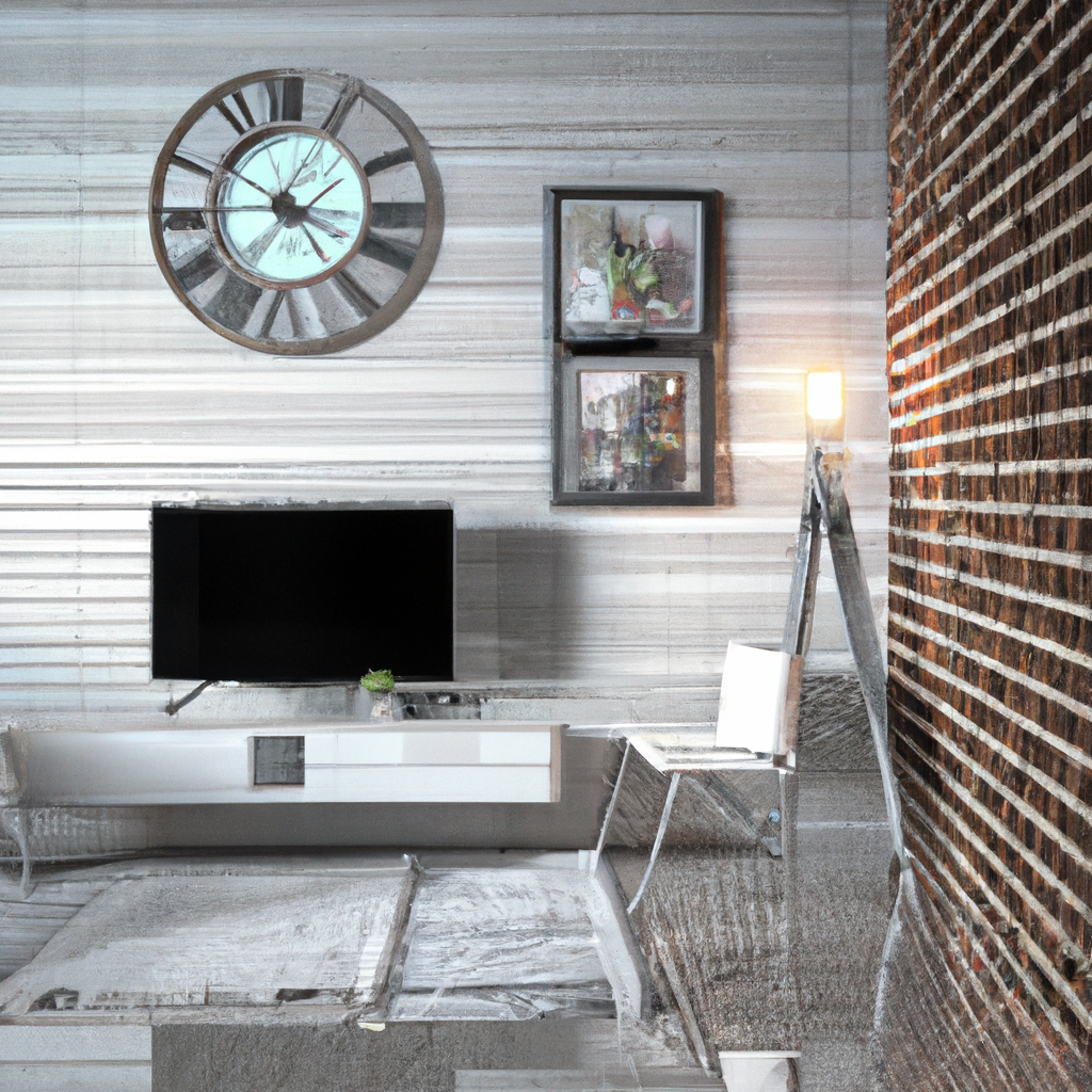 Salon moderne avec mur en briques, horloge vintage, meuble TV blanc et chaise minimaliste, ambiance épurée et chaleureuse.