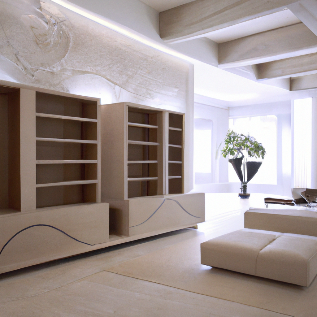 Salon moderne minimaliste avec meubles en bois clair, étagères intégrées, et vase noir stylisé. Ambiance lumineuse et épurée.