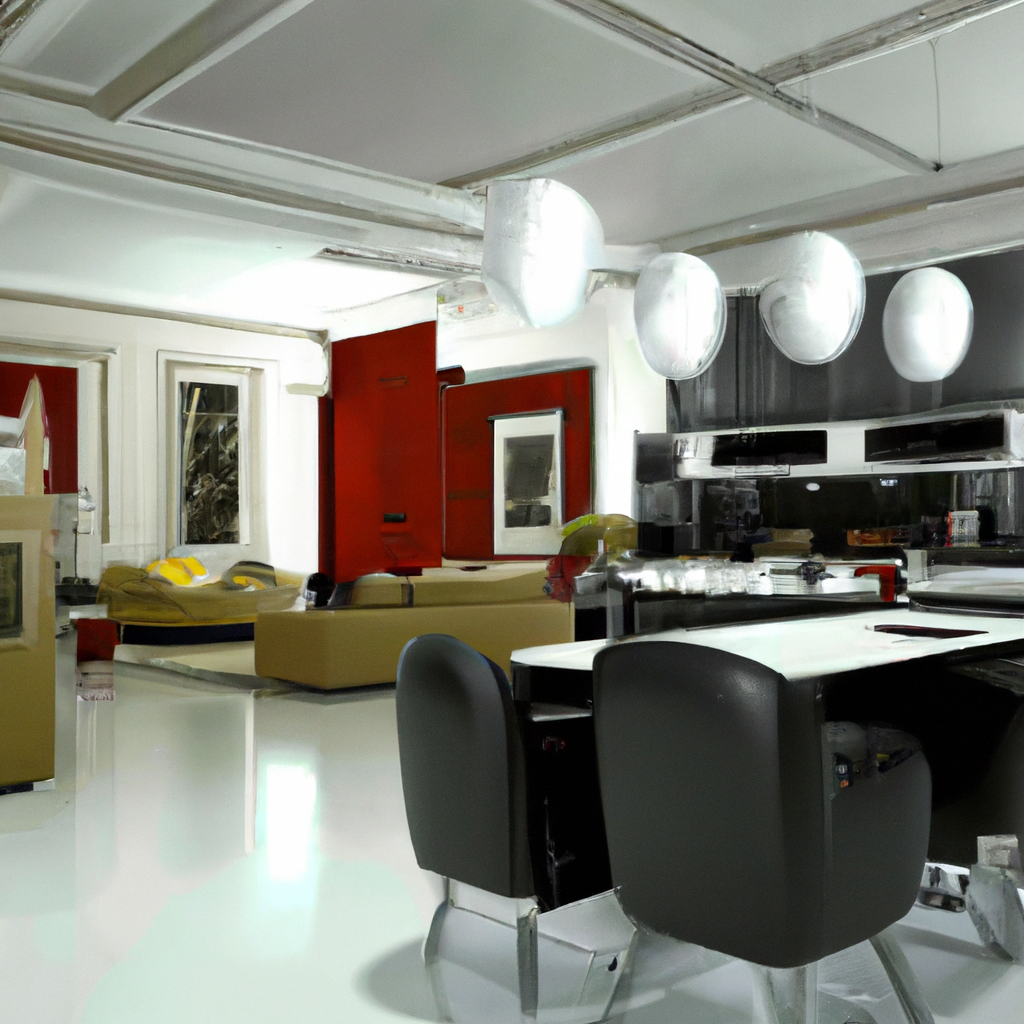 Intérieur moderne avec murs rouges et noirs, canapé beige, cuisine design, ambiance chic et minimale.