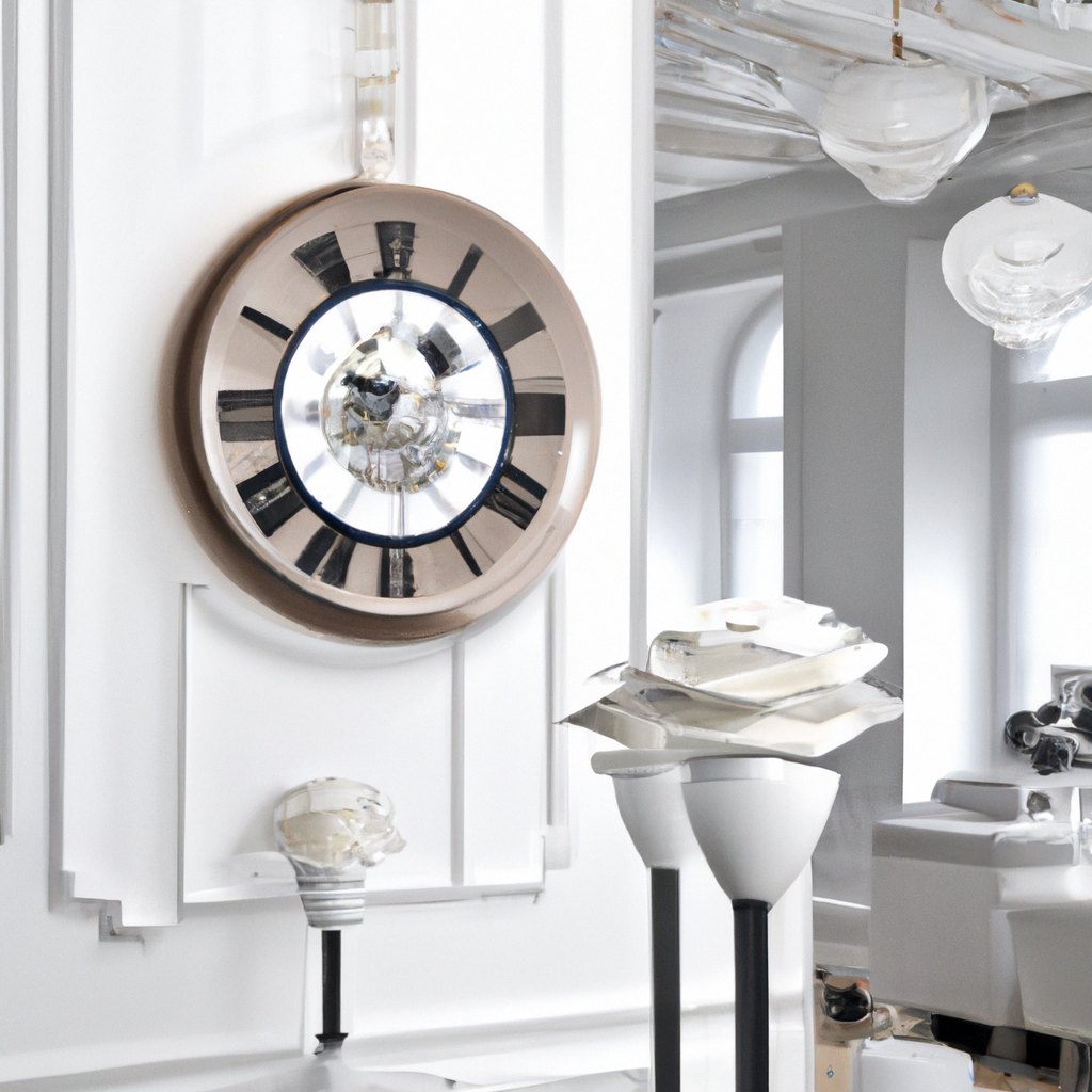 Horloge moderne en bois, peinture blanche, sculptures contemporaines et ambiance épurée, avec des luminaires en verre.