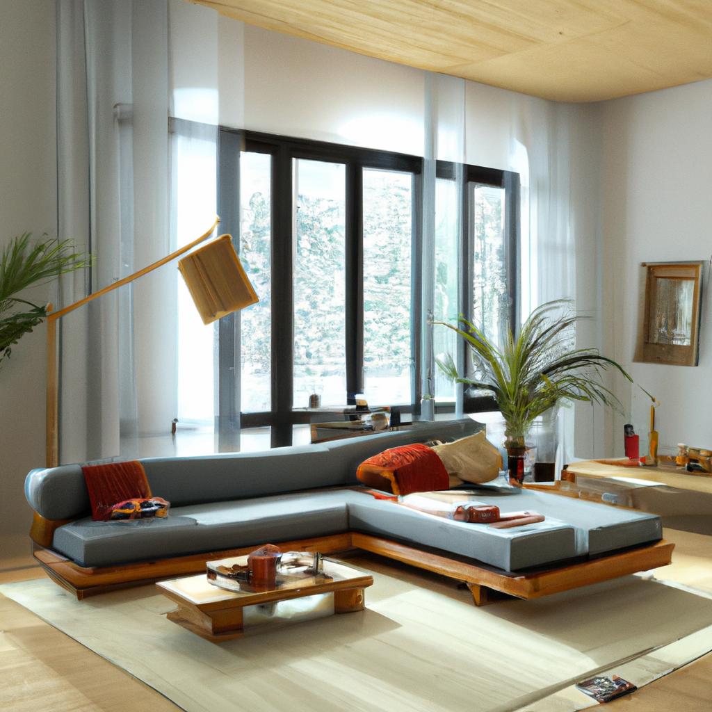 Salon moderne lumineux avec canapé gris, touches de rouge, table en bois et plantes, ambiance accueillante et minimaliste.