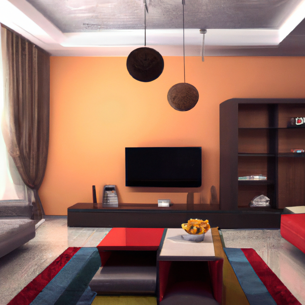 Salon moderne aux couleurs chaudes, avec un canapé gris, des meubles rouges et un éclairage suspendu. Ambiance accueillante.