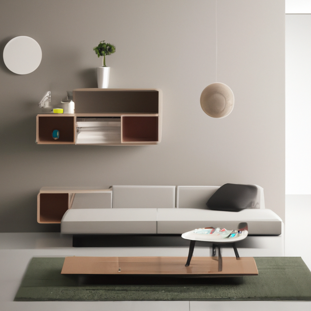 Salon moderne minimaliste avec canapé gris clair, table basse en bois, étagères design et décoration épurée, ambiance zen.