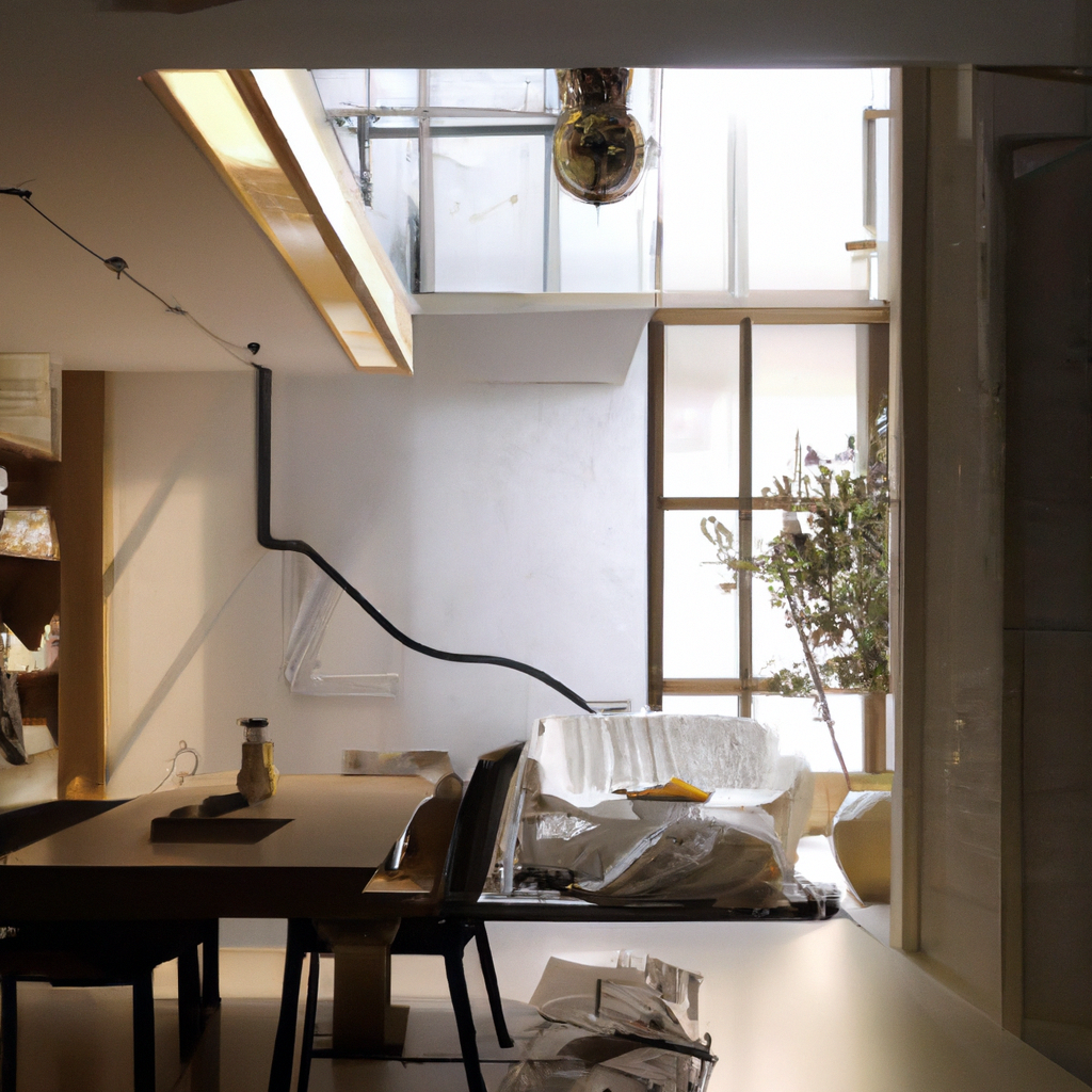 Intérieur moderne lumineux avec meuble en bois, canapé blanc, et fenêtres offrant une vue sur des plantes verdoyantes.