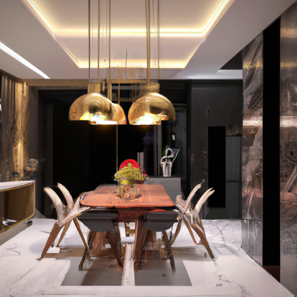 Cuisine moderne avec table en bois, chaises transparentes, éclairage doré et une ambiance élégante et minimaliste.