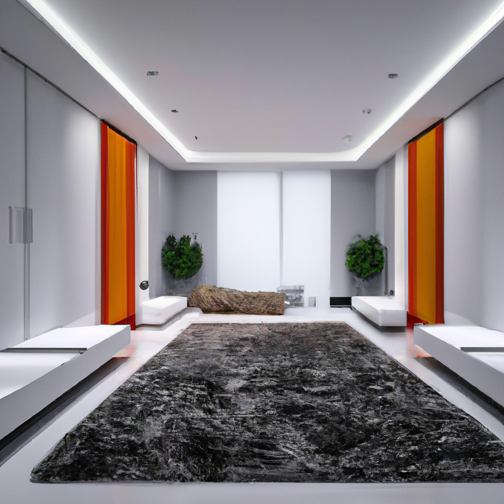 Salon minimaliste moderne avec murs blancs, tapis noir, bancs blancs et touches de verdure. Ambiance épurée et lumineuse.