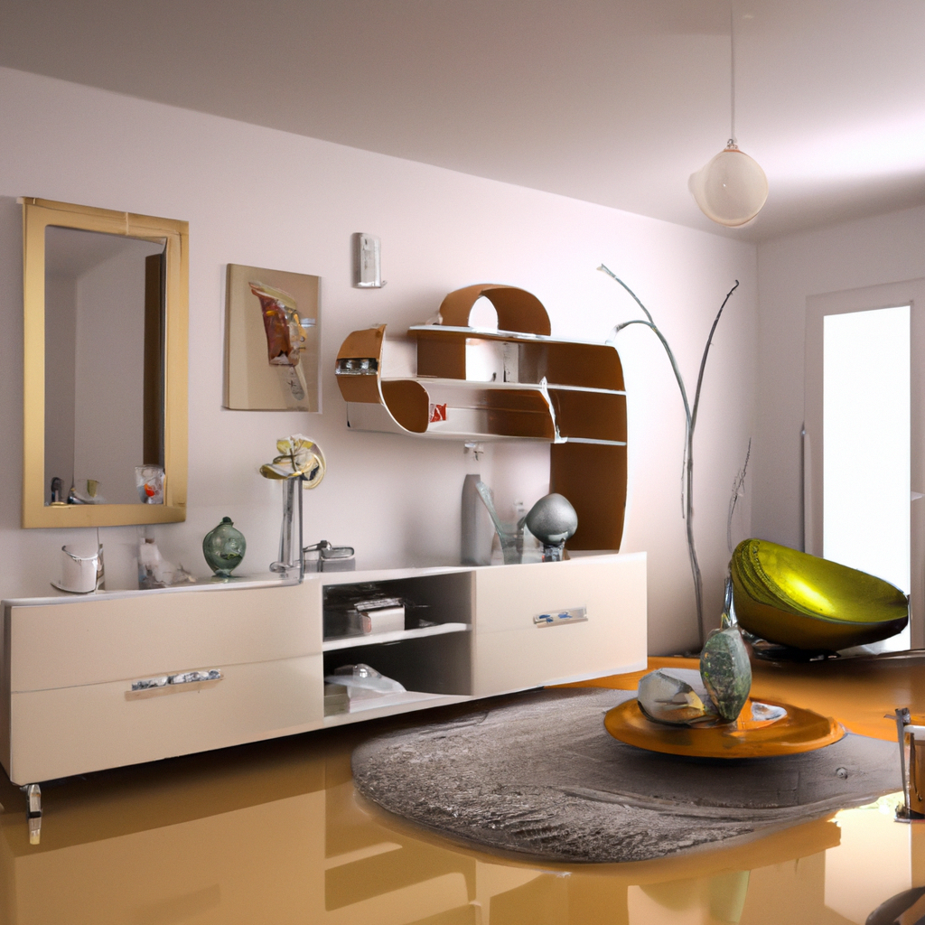 Intérieur moderne : meuble TV blanc, étagère en bois, fauteuil vert, lumière douce, ambiance élégante et épurée.