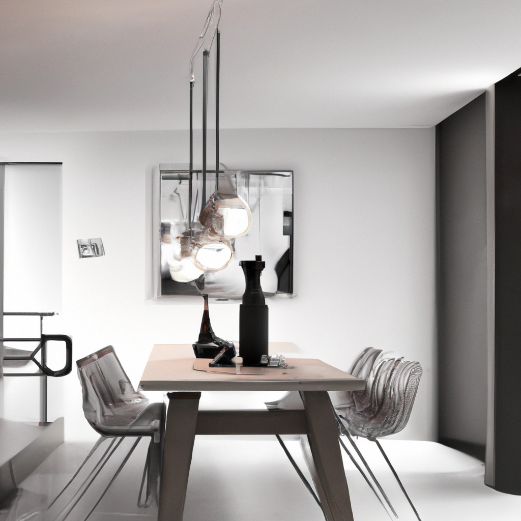 Salle à manger moderne au style épuré, table en bois, chaises transparentes, luminaires design et vase noir.