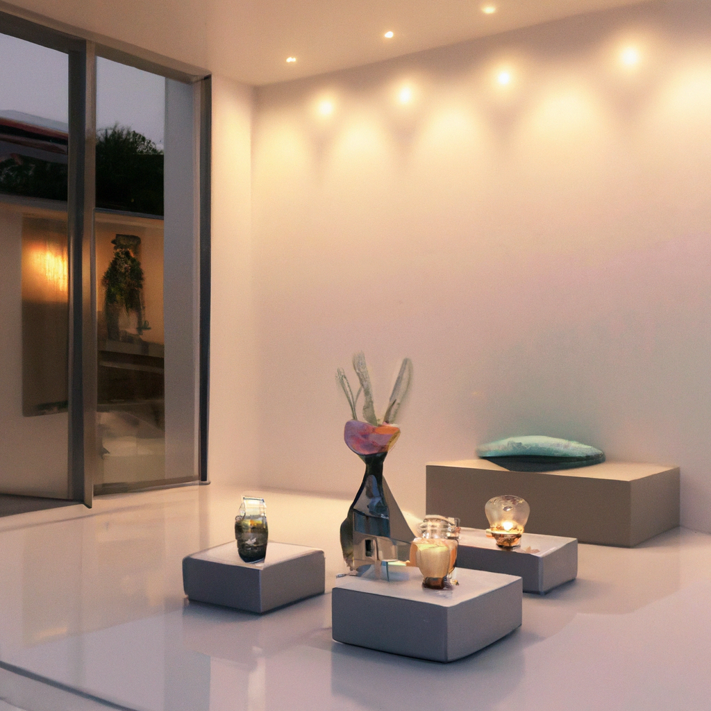 Intérieur moderne épuré avec murs blancs, bancs minimalistes, objets décoratifs en verre et lumière douce.