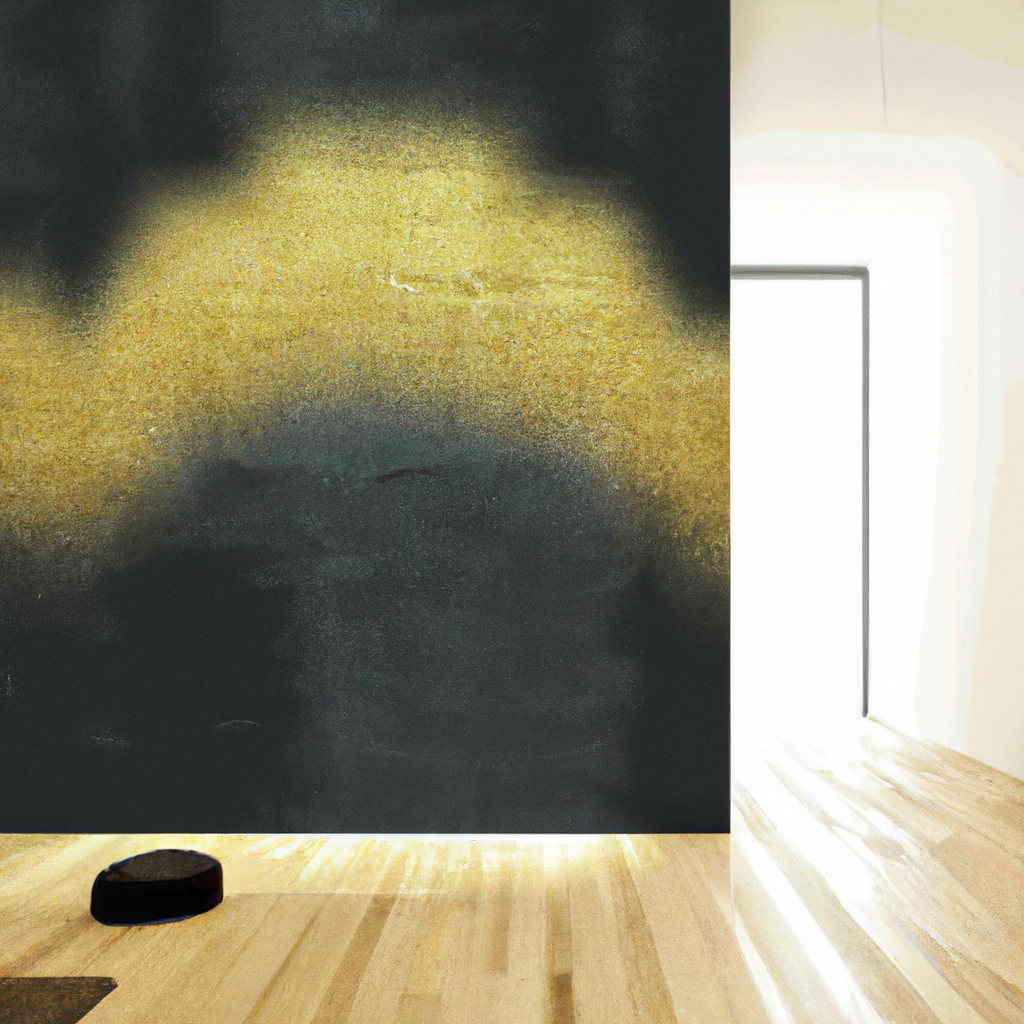 Mur noir avec des nuances dorées, sol en bois clair, ambiance moderne et minimaliste, lumière naturelle.